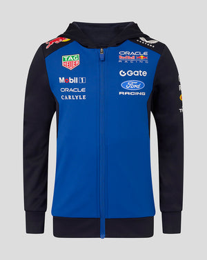 Blue and black hoodie with various brand logos on a gray background