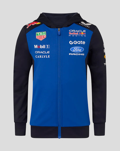 Blue and black hoodie with various brand logos on a gray background