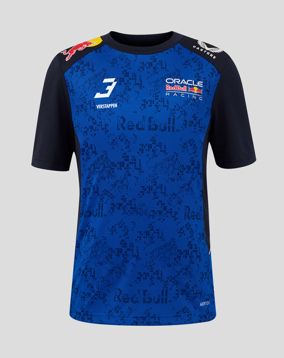 A blue and black Oracle Red Bull Racing short-sleeve performance t-shirt with sponsor logos including Red Bull, Oracle, and Verstappen placed on a neutral gray background.
