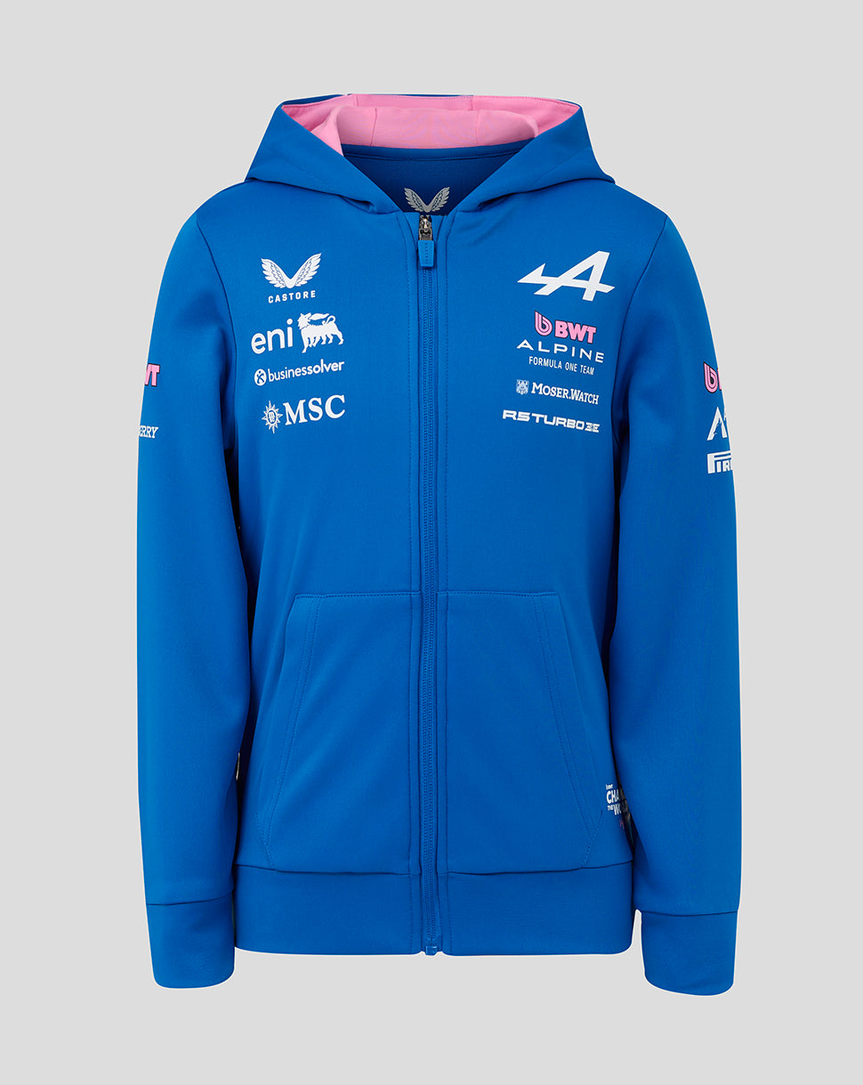 Blue BWT Alpine zip hoodie with pink hood lining and front chest sponsor logos