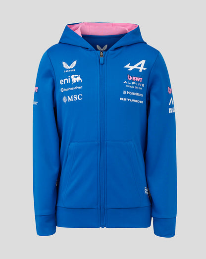 Blue BWT Alpine zip hoodie with pink hood lining and front chest sponsor logos