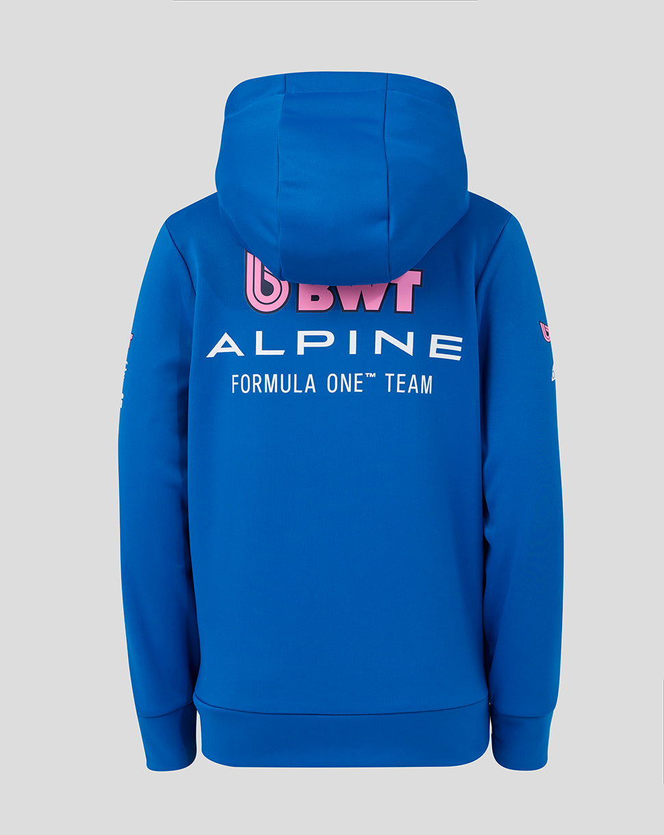 Back view of a blue BWT Alpine Formula One Team hoodie with bold branding across the upper back