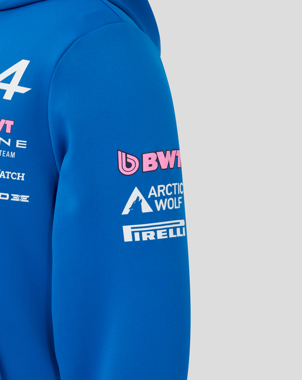 Close-up of the blue hoodie sleeve with sponsor logos including BWT Arctic Wolf and Pirelli