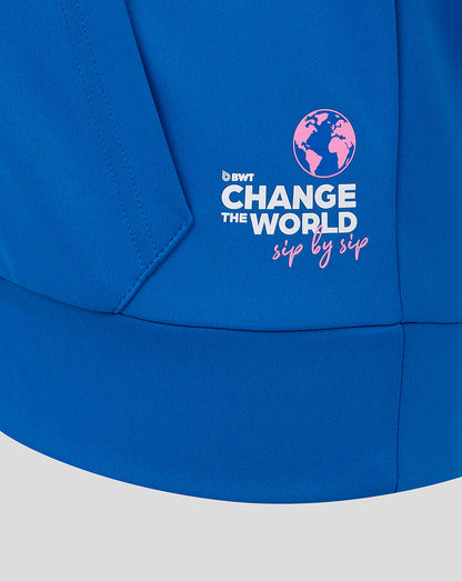 Lower back panel of the blue BWT Alpine hoodie featuring Change the World sip by sip graphic and globe