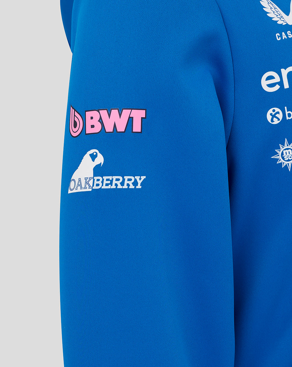 Blue BWT Alpine hoodie sleeve with pink BWT logo and Oakberry emblem