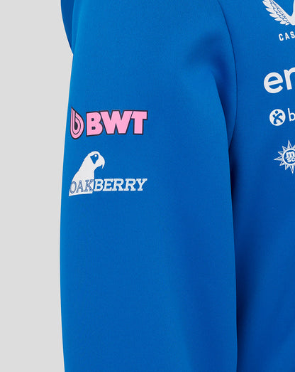 Blue BWT Alpine hoodie sleeve with pink BWT logo and Oakberry emblem