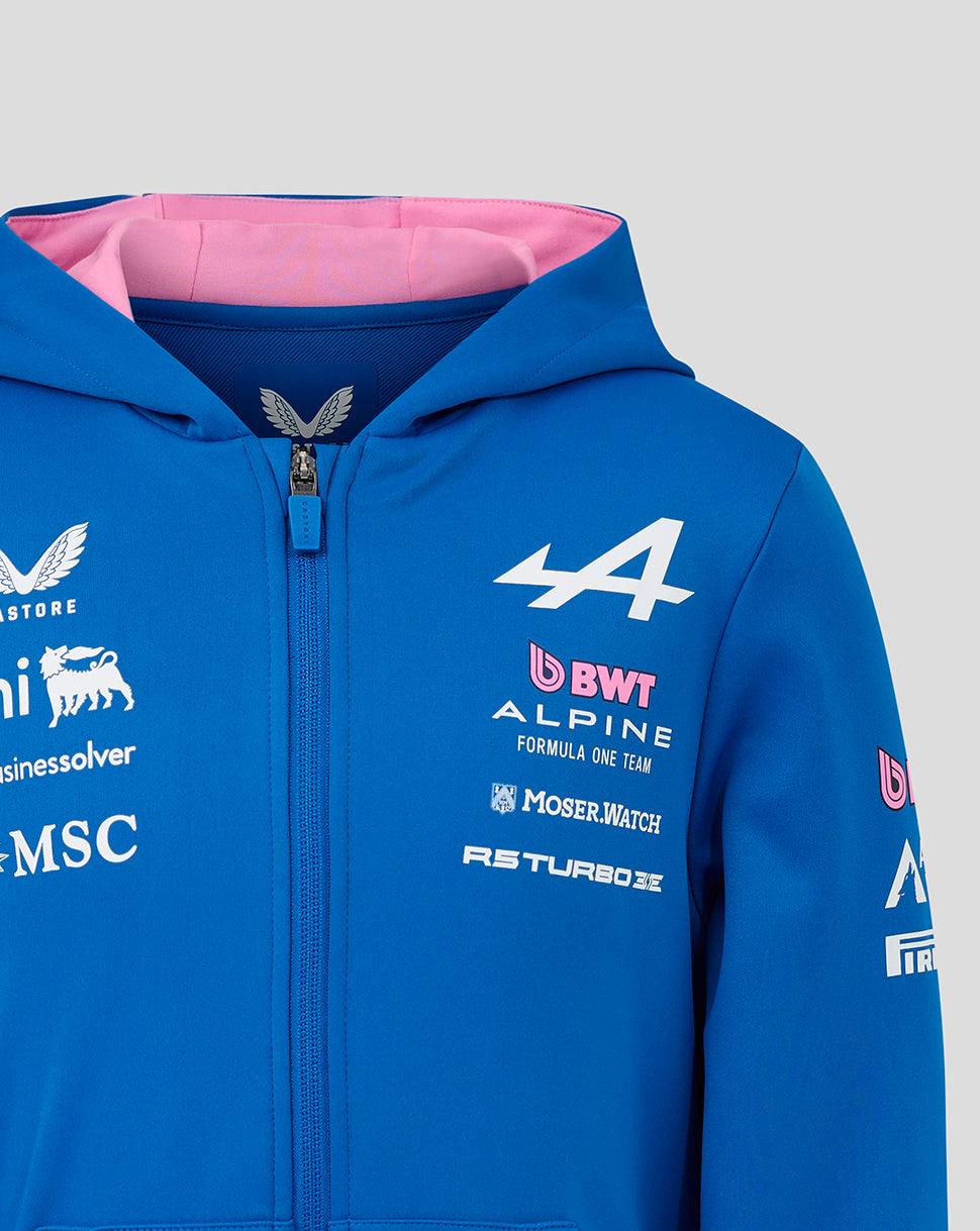 Front view of blue BWT Alpine hoodie highlighting sponsor logos on chest and pink hood lining