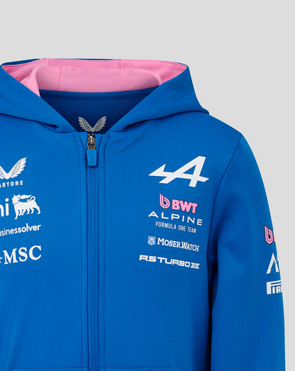 Front view of blue BWT Alpine hoodie highlighting sponsor logos on chest and pink hood lining