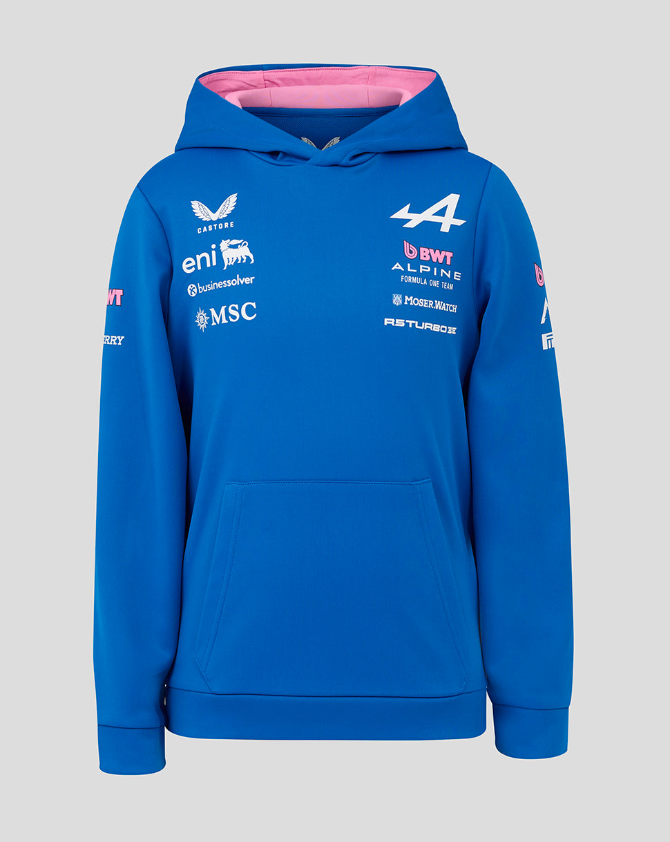 Front view of blue Official Junior BWT Alpine Formula One Team Pullover Hoodie with lined hood and chest sponsor logos.