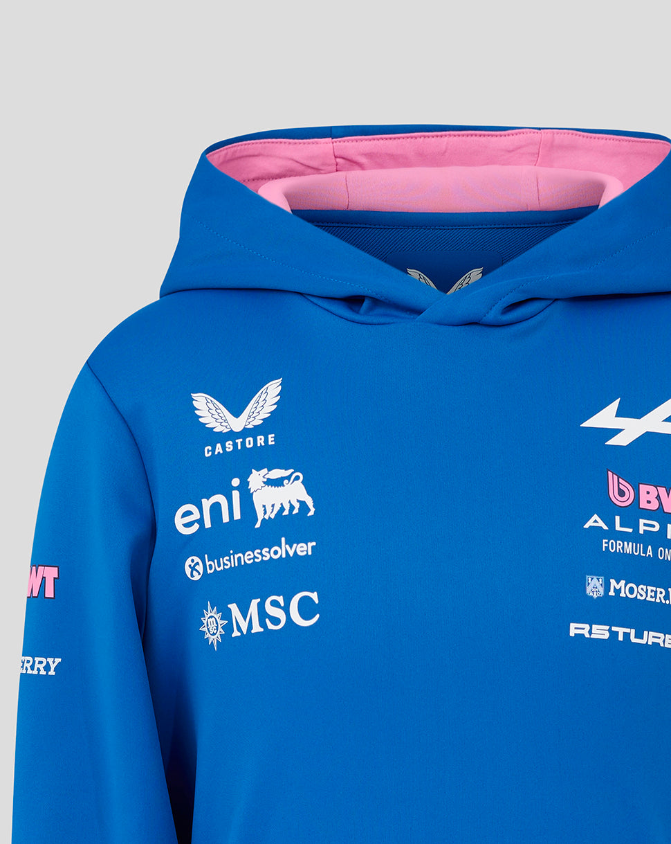 Blue BWT Alpine Formula One Team pullover hoodie with pink hood lining and chest sponsor logos