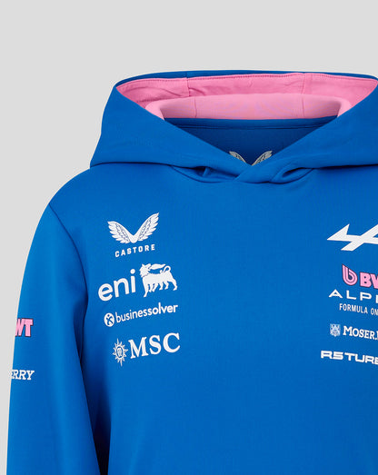 Blue BWT Alpine Formula One Team pullover hoodie with pink hood lining and chest sponsor logos