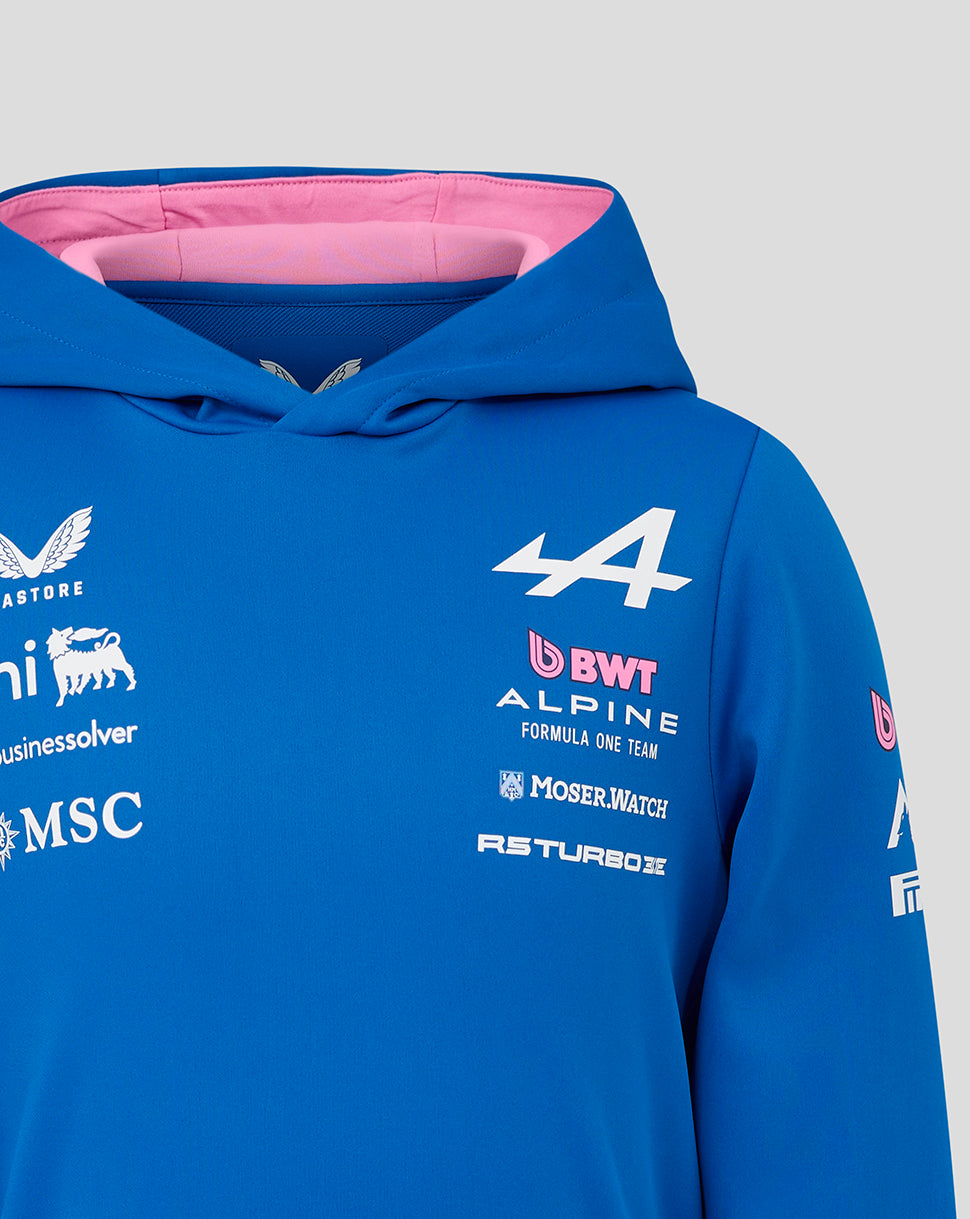 Blue BWT Alpine pullover hoodie featuring large chest logos and pink hood lining