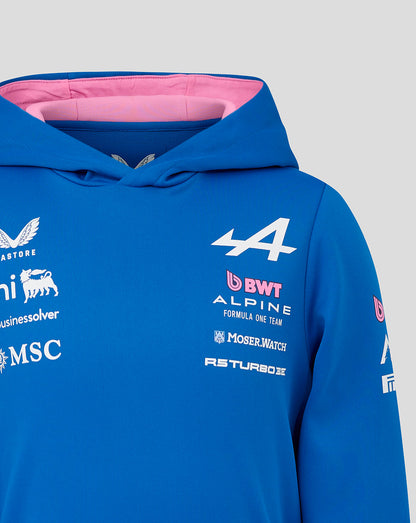 Blue BWT Alpine pullover hoodie featuring large chest logos and pink hood lining