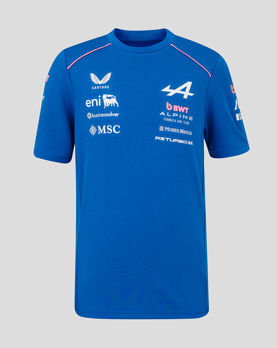 Blue junior BWT Alpine Formula One Team Set Up T Shirt front view with sponsor logos across the chest
