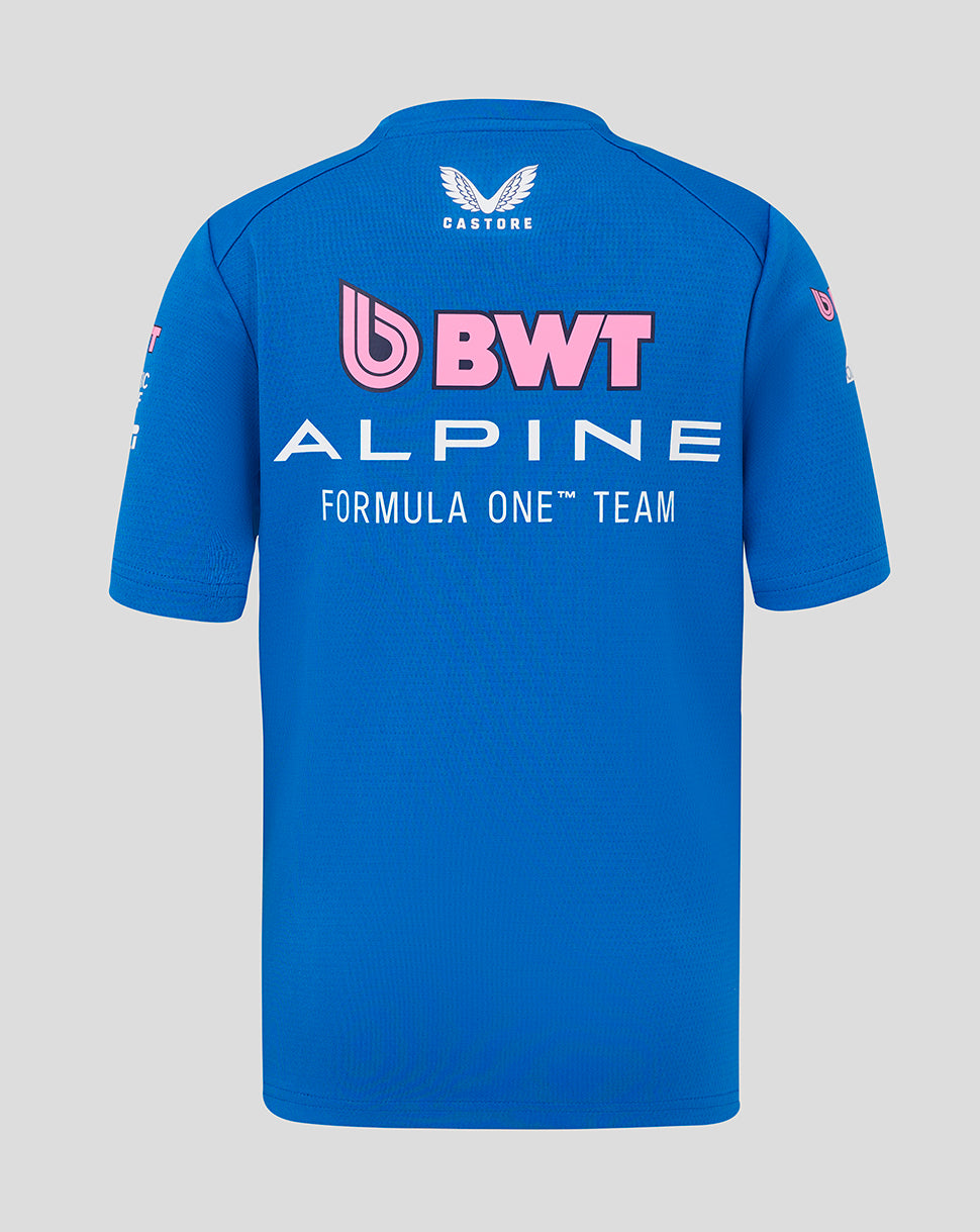 Back view of a bright blue Official Junior BWT Alpine Formula One Team Set Up T Shirt with large BWT Alpine Formula One Team logos