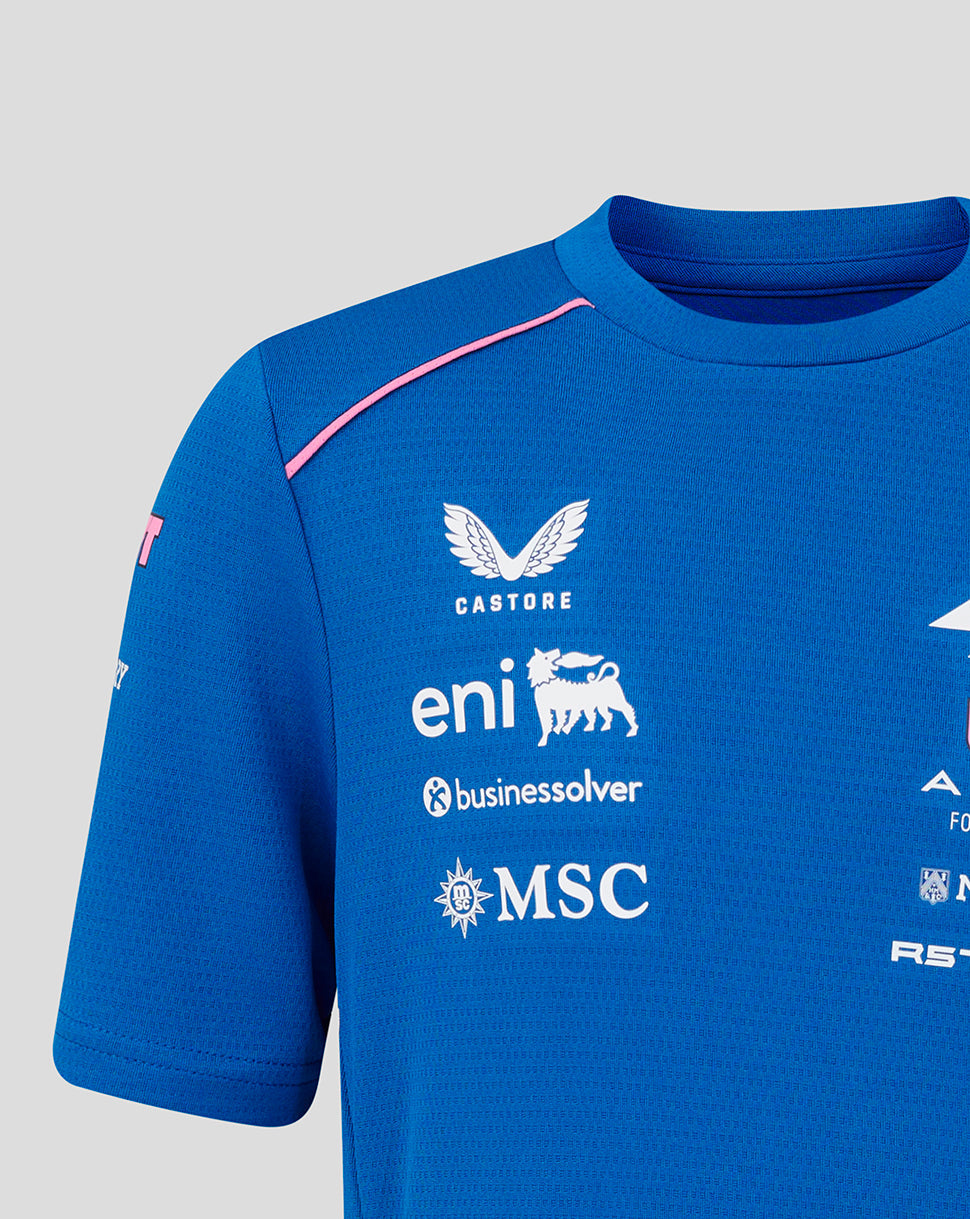Blue T shirt close up with pink shoulder piping and a white number 4 on the chest alongside Castore eni businesssolver and MSC logos