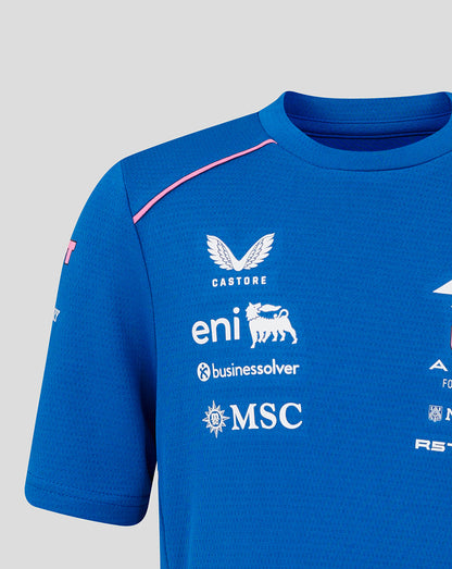 Blue T shirt close up with pink shoulder piping and a white number 4 on the chest alongside Castore eni businesssolver and MSC logos