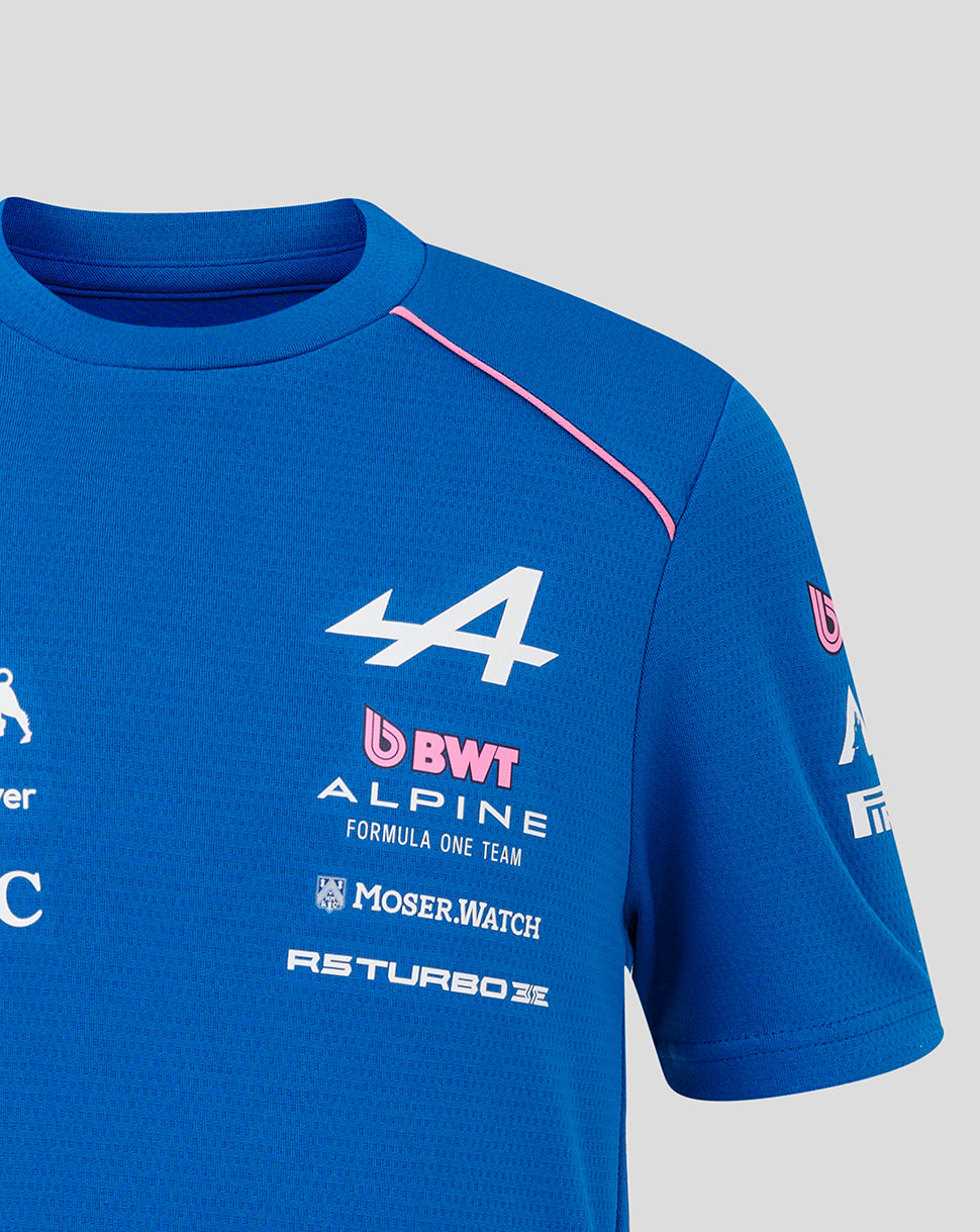 Blue T shirt close up showing pink shoulder piping a large white 4 and sponsor logos including BWT Alpine MSC on the chest