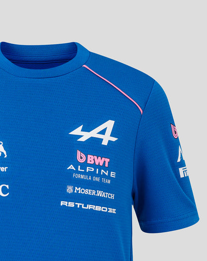 Blue T shirt close up showing pink shoulder piping a large white 4 and sponsor logos including BWT Alpine MSC on the chest