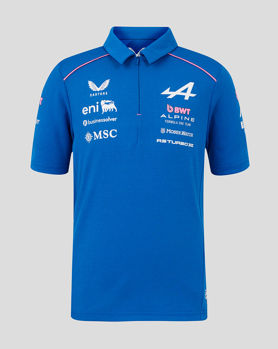 Blue junior BWT Alpine polo shirt with team logos on the chest and self fabric polo collar