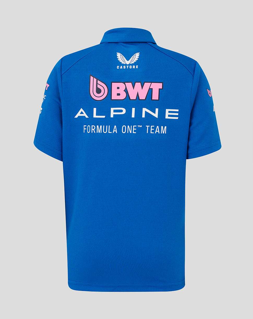 Back view of blue BWT Alpine Formula One Team polo with large pink BWT logo and ALPINE FORMULA ONE TEAM text