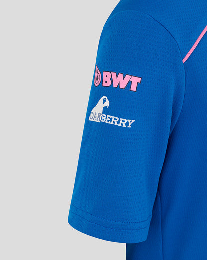Blue junior BWT Alpine polo sleeve with pink BWT logo and Oakberry penguin sponsor.