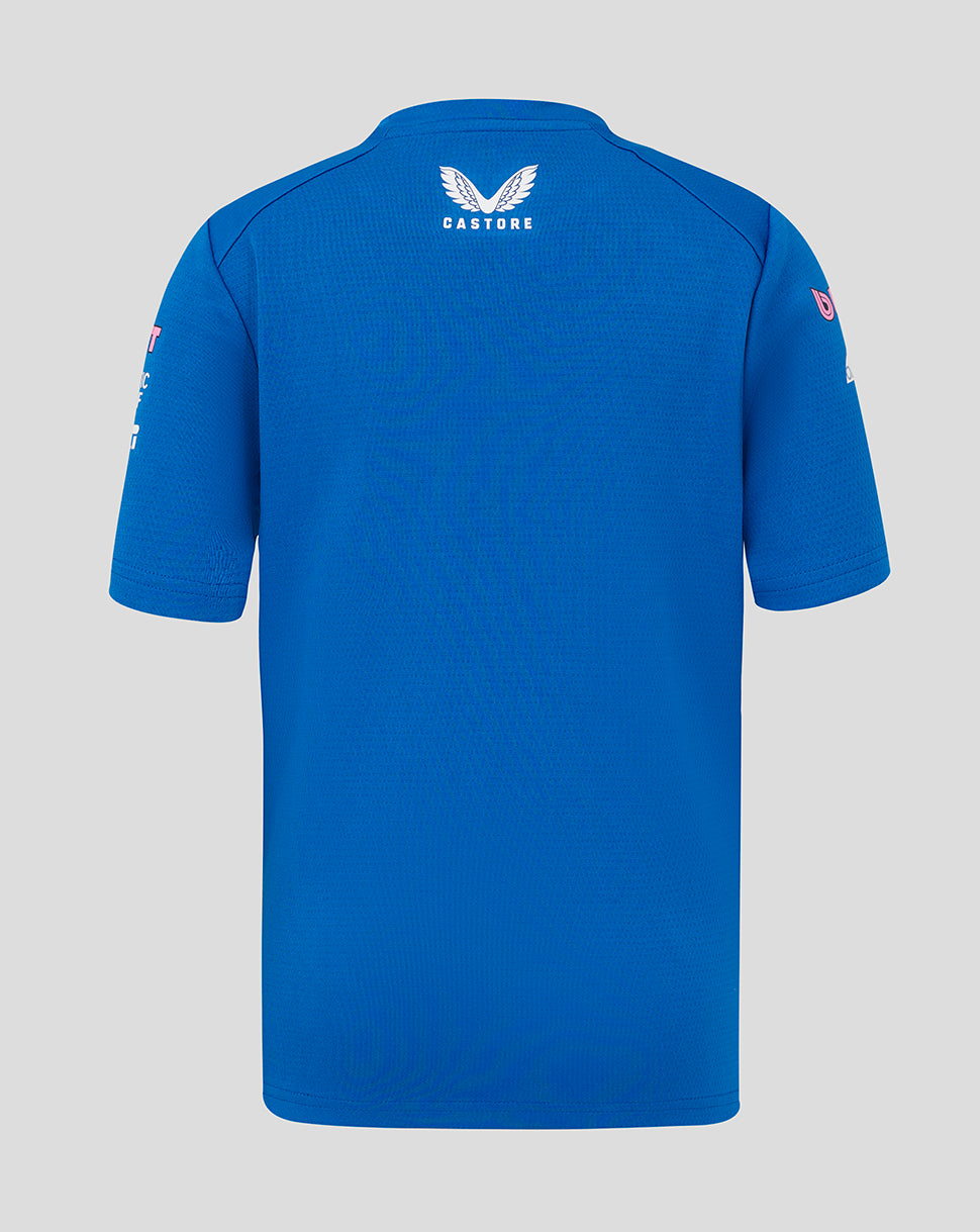 Back view of bright blue BWT Alpine junior shirt with white winged Castore logo at the collar