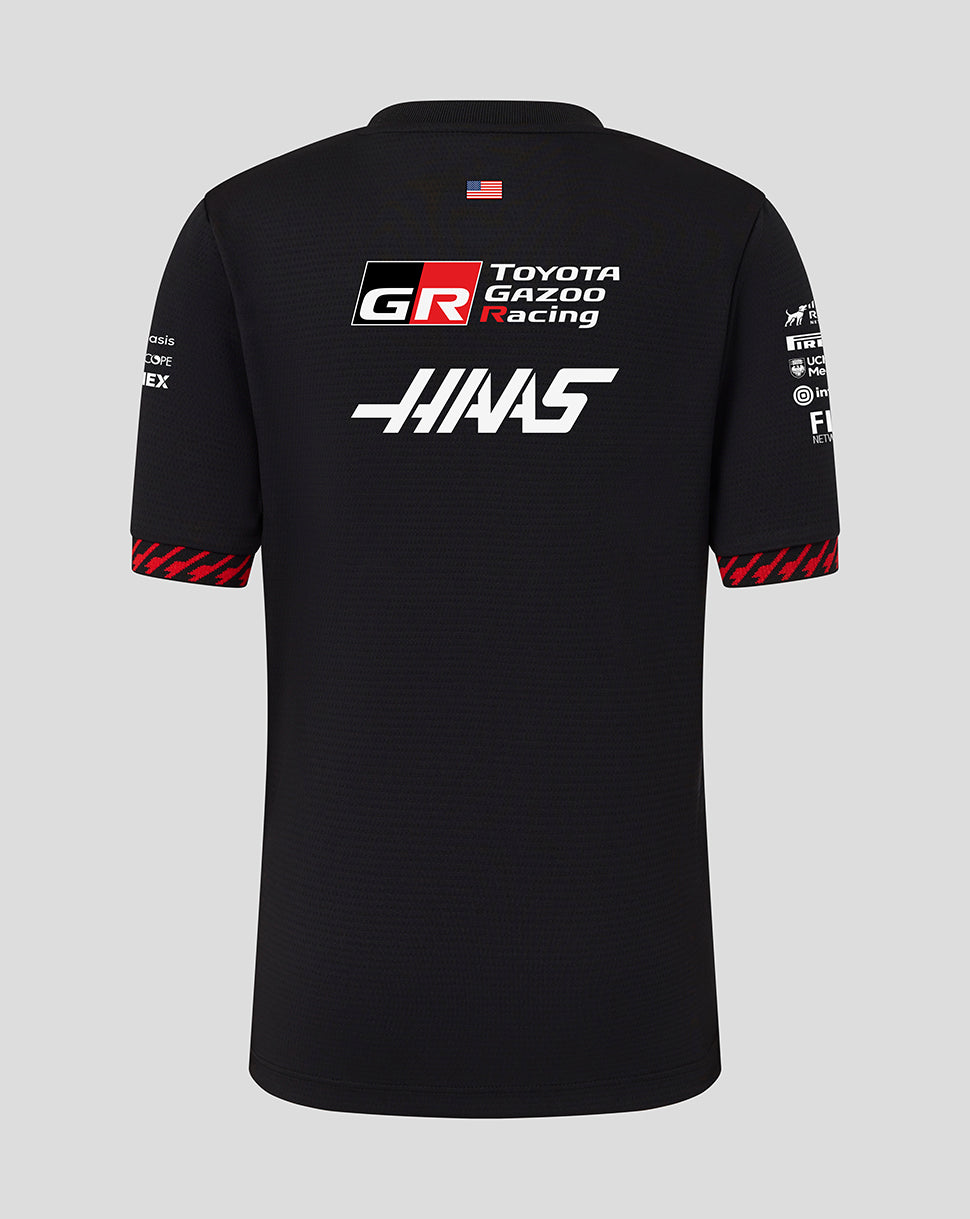 Black t-shirt with Toyota Gazoo Racing and Haas logos on a gray background