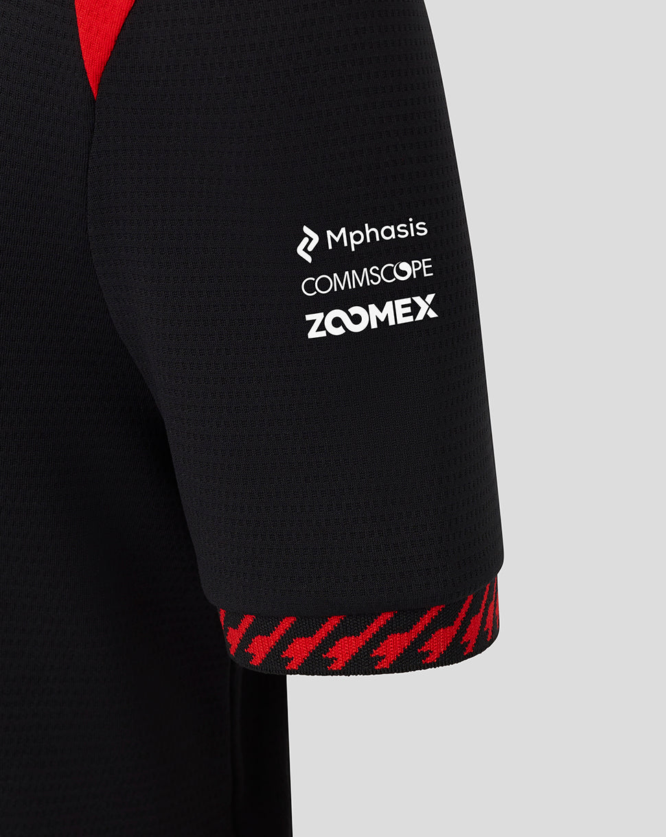Black sleeve with logos of Mphasis, Commscope, and Zoomex on a gray background
