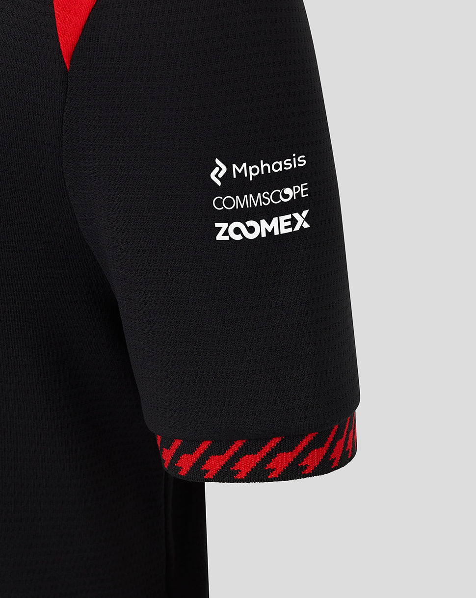 Black sleeve with logos of Mphasis, Commscope, and Zoomex on a gray background