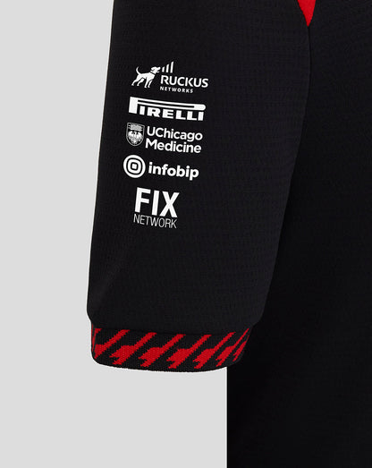 Black sleeve with various brand logos on a gray background