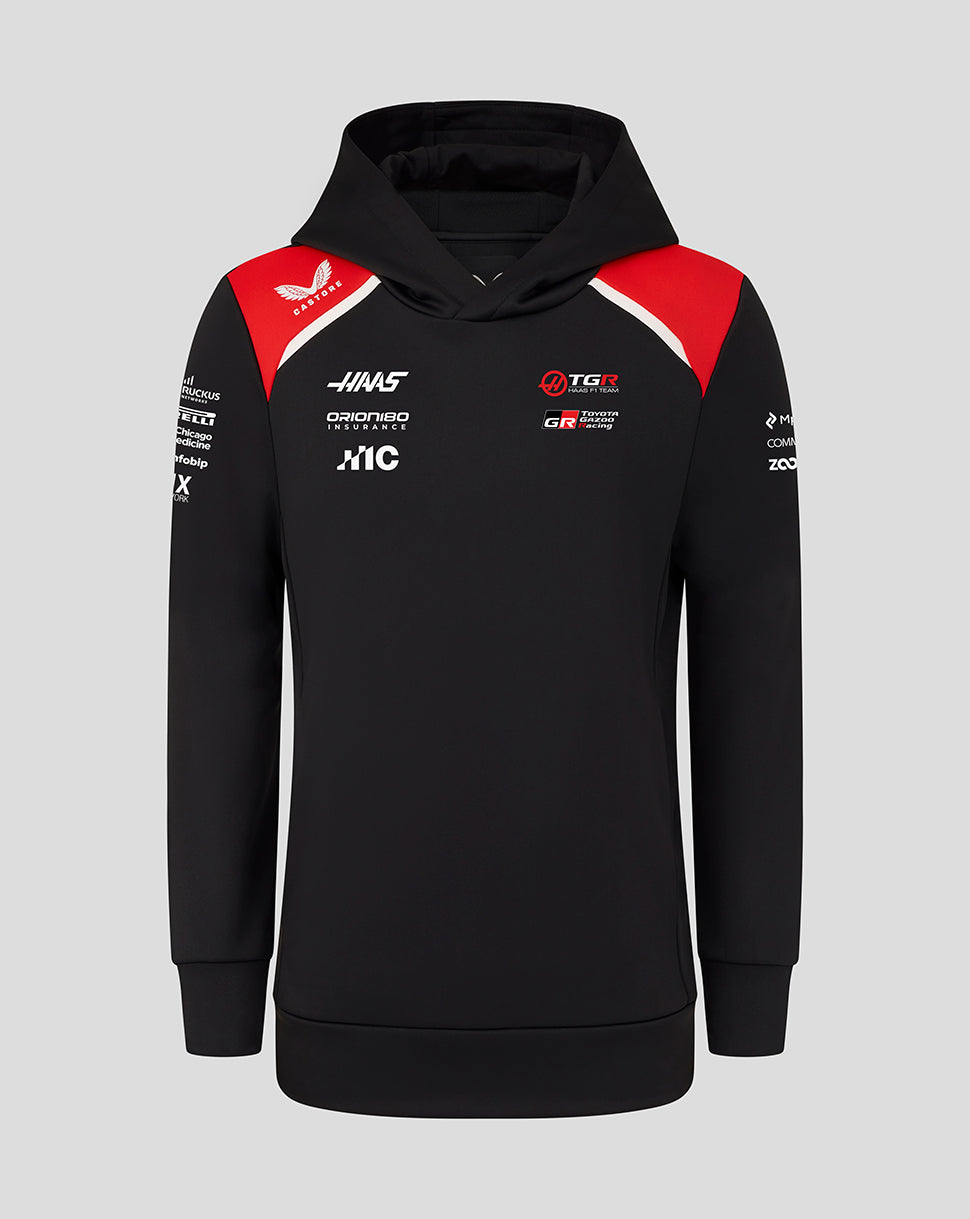 Black hoodie with red and white accents on a gray background