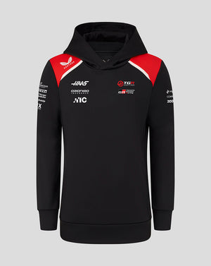 Black hoodie with red and white accents on a gray background