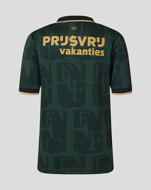 Back view of dark green Feyenoord Twelfth Shirt with gold XII at the neck and bold gold text across the upper back.