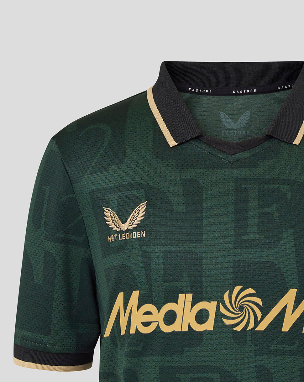 Upper chest view of green Feyenoord Twelfth Shirt with Het Legioen crest and gold sponsor across front