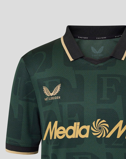 Upper chest view of green Feyenoord Twelfth Shirt with Het Legioen crest and gold sponsor across front