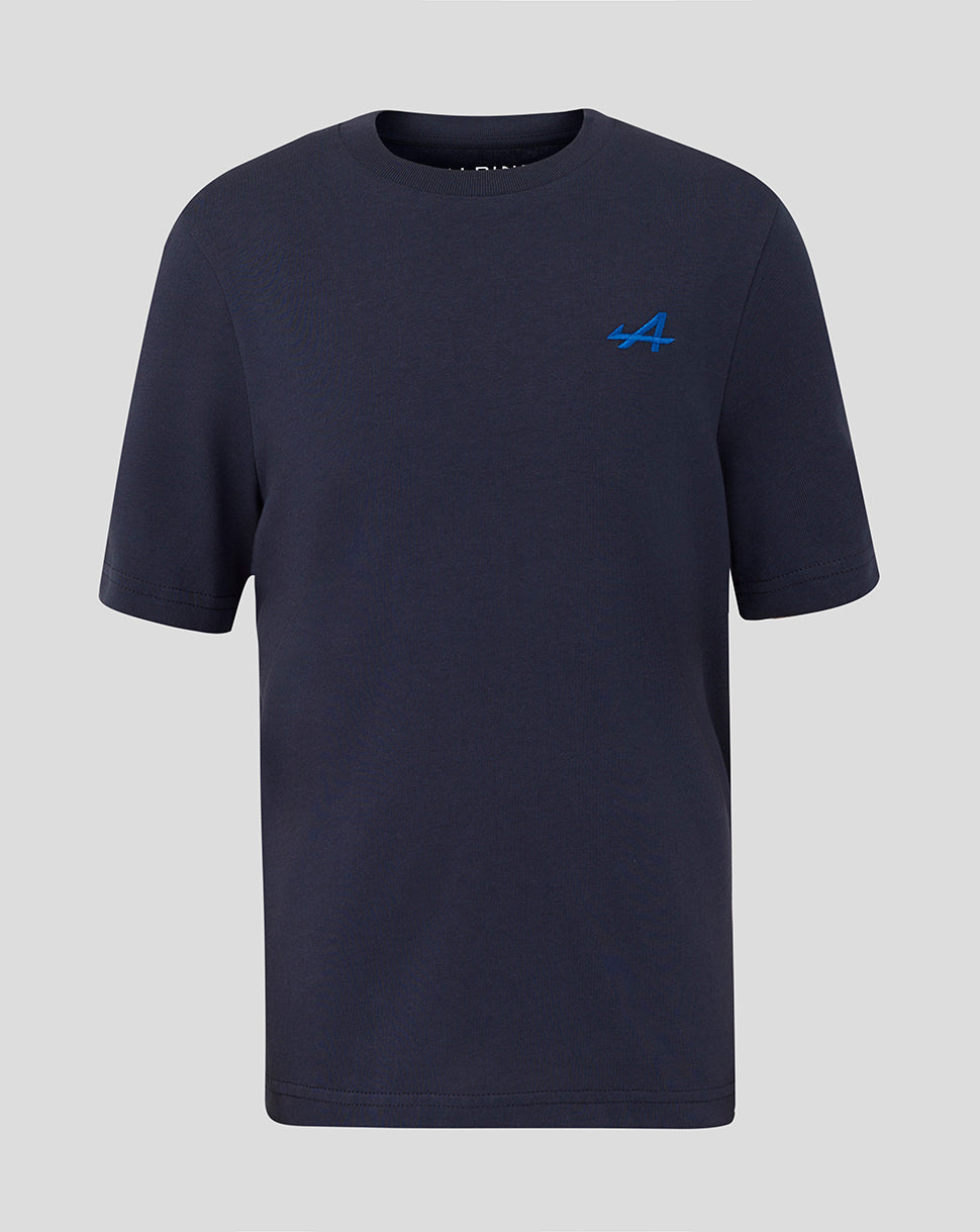 Navy Junior Regular Fit Core T Shirt with blue A embroidery on the left chest for the BWT Alpine Formula One Team