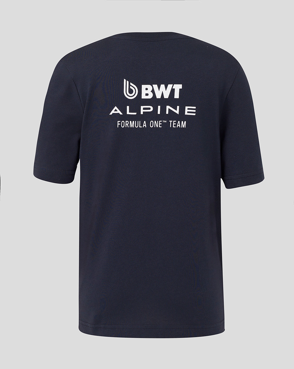 Back view of navy Junior Regular Fit Core T Shirt with large white BWT Alpine Formula One Team logo