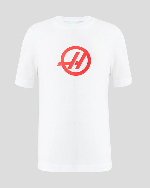 White t-shirt with a red logo on a gray background