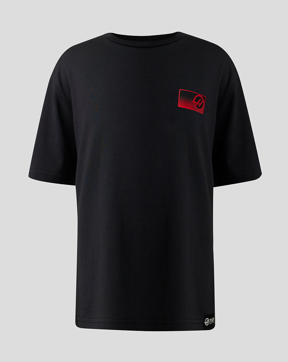 Front view of black Haas Team Junior T Shirt with small left chest logo