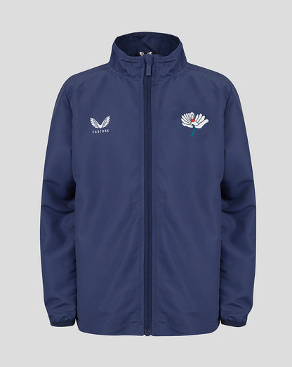 Navy jacket with embroidered logos on a light gray background