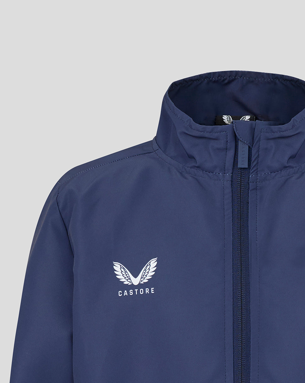 Navy blue jacket with a brand logo on a light gray background