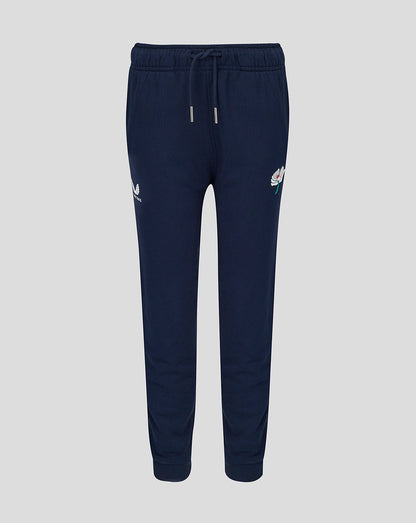 Navy blue jogger pants with a brand logo on a light gray background