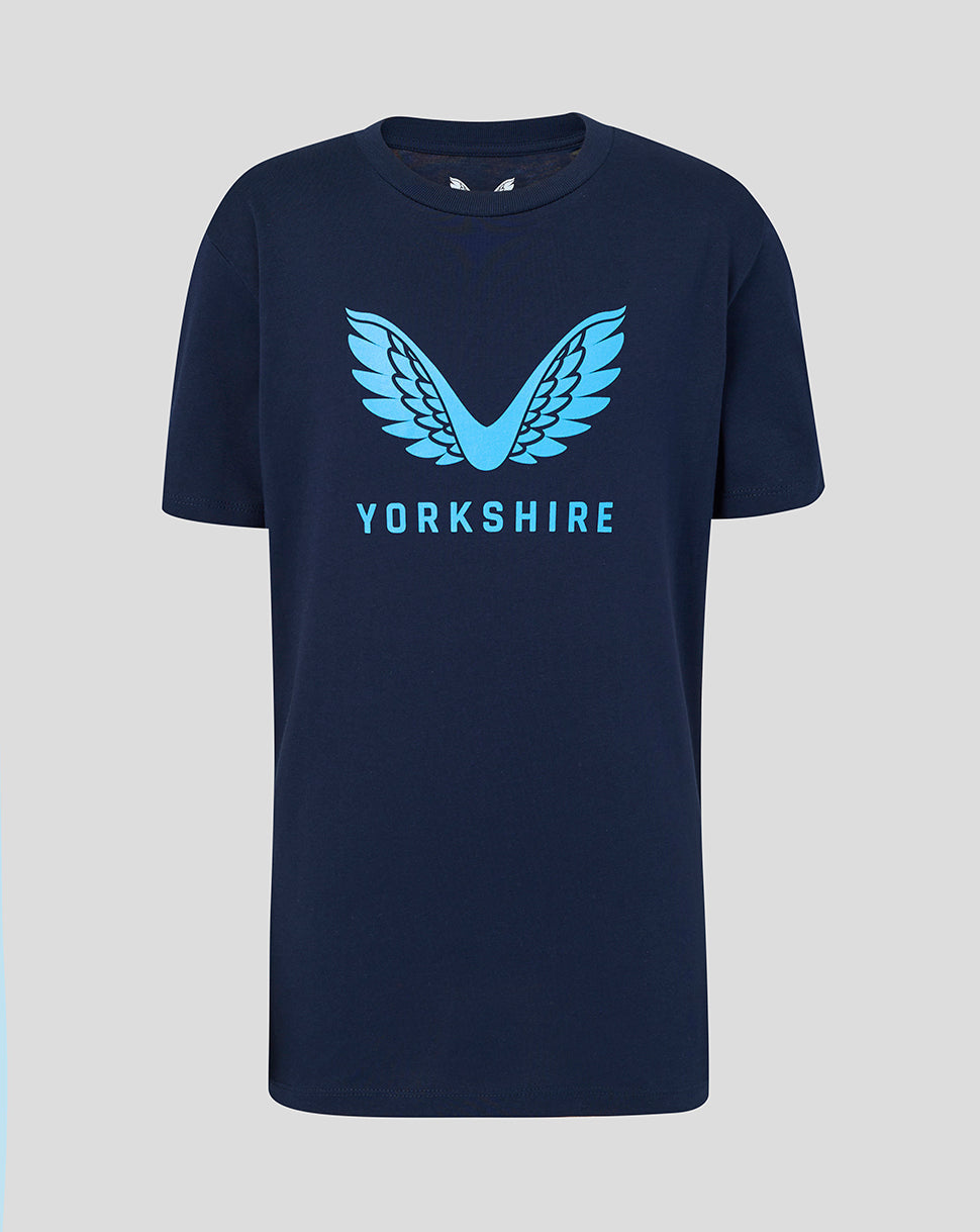 Navy blue t-shirt with blue 'Yorkshire' logo on a light gray background
