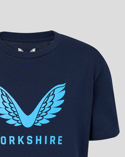 Navy blue t-shirt with a blue winged logo and 'Yorkshire' text on a light gray background