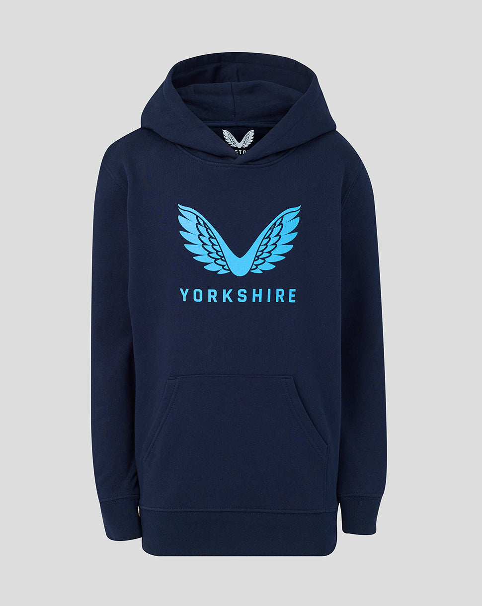 Navy hoodie with blue 'Yorkshire' logo on a light gray background