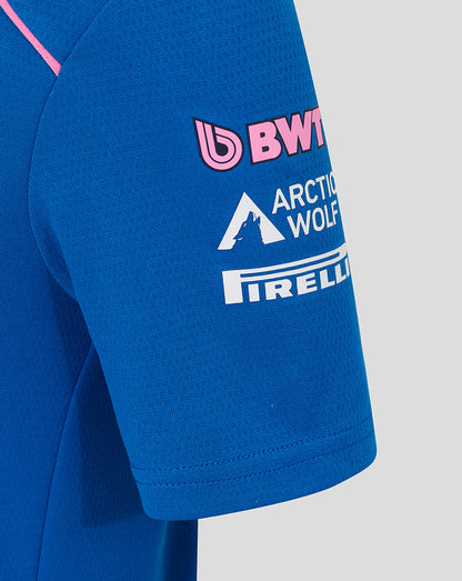 Blue polo sleeve with pink BWT logo and Arctic Wolf and Pirelli sponsor graphics