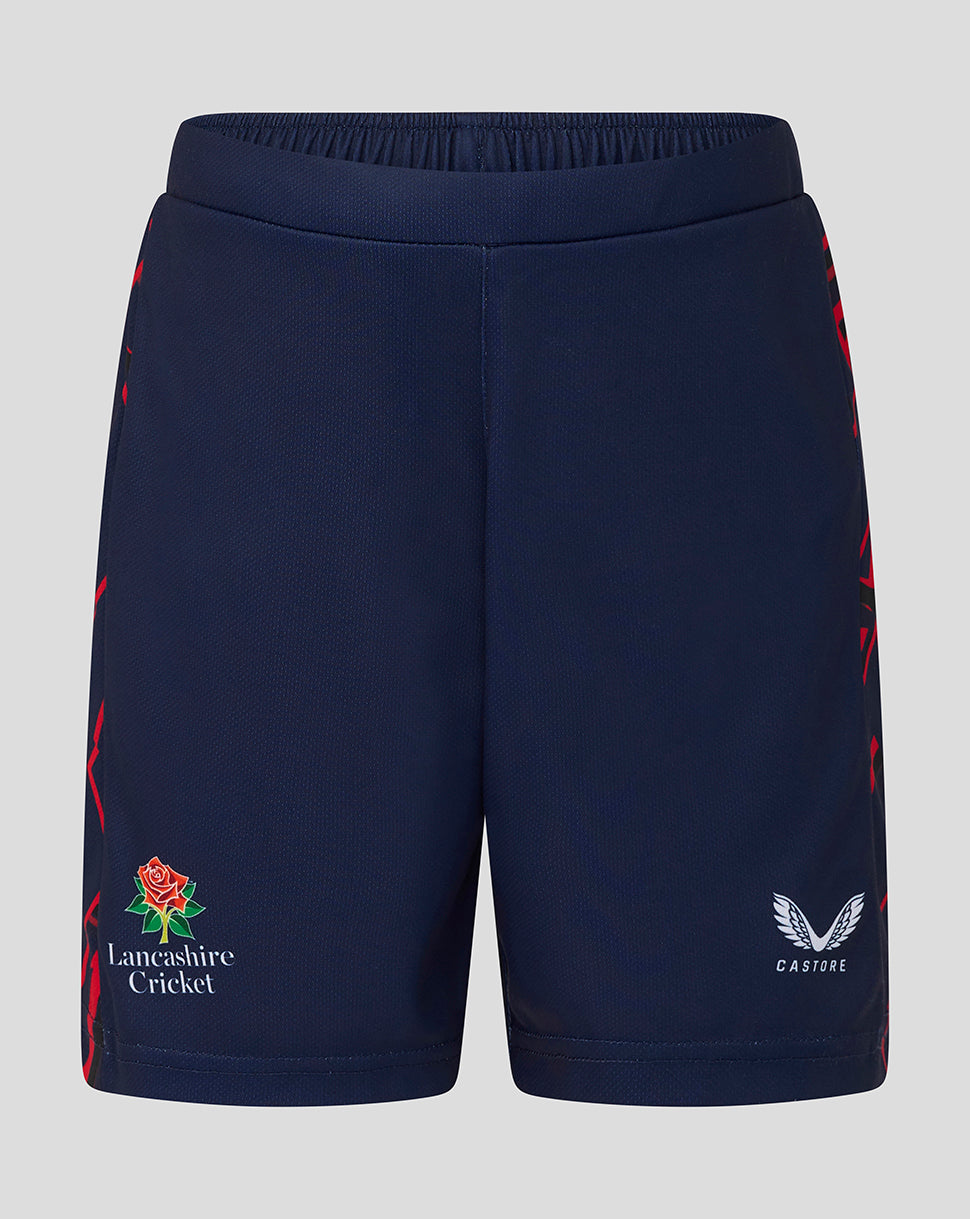Navy blue shorts with red floral patterns and branding on a light gray background