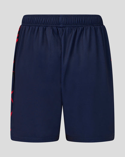 Navy blue shorts with a red stripe on a light gray background