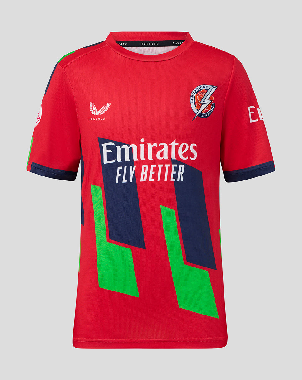 Red sports jersey with Emirates branding on a gray background